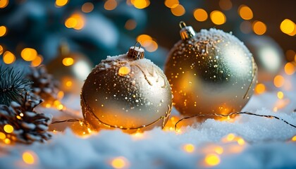 Wall Mural - Vintage Christmas Baubles on Snow with Golden Lights and Warm Bokeh in a Cozy Winter Holiday Setting