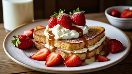 Wall Mural -  Deliciously stacked French toast with fresh strawberries and whipped cream