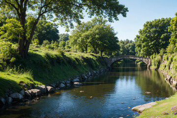 a river with a bridge and trees