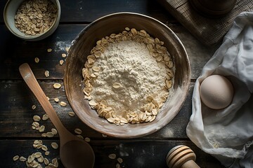 Bowl of wheat flour and ingredients for baking on dark wooden background