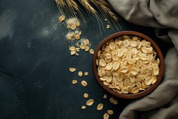 Bowl with oat flakes and ears of wheat on dark background