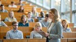 © Htet Wai Phyo - An Indian female professor giving a lecture to university students in a large lecture hall, emphasizing higher education