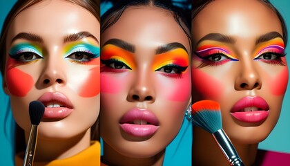 Wall Mural - Vibrant Makeup Art Collage Featuring Bold Eye Shadows and Brushes Celebrating Creativity and Modern Beauty Trends on Models Face