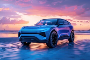 A blue SUV parked on a beach at sunset, perfect for travel or adventure scenes