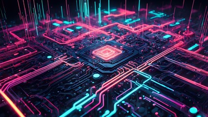 Abstract digital circuit board with glowing neon lines and a central processor.