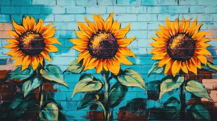 Vibrant sunflowers bloom against a bright blue mural in an urban setting, celebrating nature through art. Generative AI