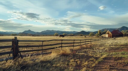 Wall Mural - A horse grazing in an open area, with a fence surrounding the field