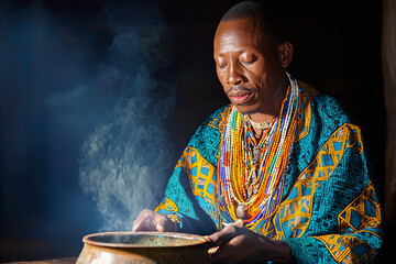 an African shaman performing a ritual in his shrine, captured in a mystical dark portrait