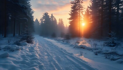 Wall Mural - Tranquil Winter Sunrise Illuminating a Snowy Paththrough a Misty Forest Landscape