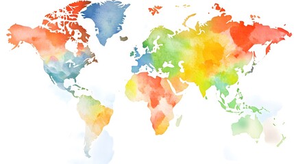  A colorful watercolor world map showcasing continents in vibrant hues of blue, orange, and green against a white background.
