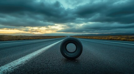 A dramatic image of a flat tire on the side of a highway, with the tire visibly deflated and resting awkwardly on the pavement. The road stretches off into the distance under a cloudy sky.