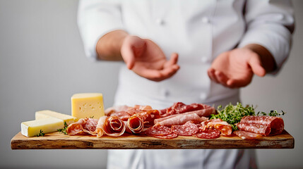 Charcuterie Board with Assorted Meats and Cheeses - A gourmet charcuterie board featuring a selection of cured meats, cheeses, and fresh herbs presented by a chef.