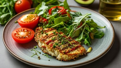 Wall Mural -  Deliciously grilled fish fillet with fresh salad ready to be savored