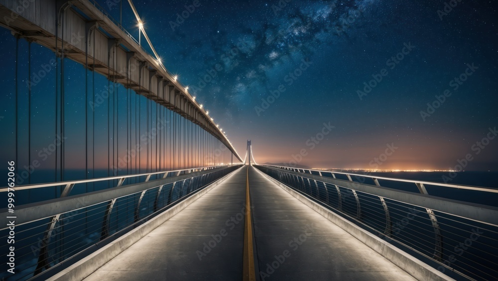 Night view of a modern bridge illuminated with lights, leading toward a ...
