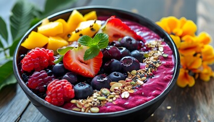 Wall Mural - Colorful Acai Bowl Bursting with Fresh Berries, Sliced Fruits, and Nutrient-Packed Superfoods for a Nourishing Morning Boost