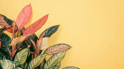 Wall Mural - Colorful Tropical Leaves against Yellow Background