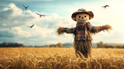 Whimsical Scarecrow Standing Proudly in Autumn Wheat Field with Soaring Birds