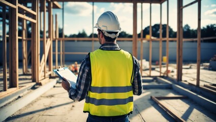 Construction site with worker in safety gear inspecting plans  Emphasizes diligence and teamwork in building and development processes