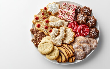 A festive assortment of holiday cookies arranged on a white plate, showcasing various shapes and decorations, ready for celebration