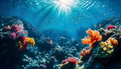 Wall Mural - Underwater Wonderland of Colorful Coral Reefs and Schools of Fish Bathed in Sunlit Ocean Depths