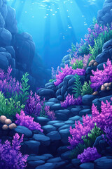 Sticker - A tranquil underwater scene reveals colorful coral reefs and lush marine plants thriving under soft sunlight, highlighting ocean beauty