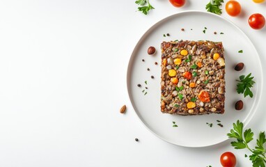 A hearty vegetarian nut roast made with a medley of nuts vegetables and spices beautifully presented on a white plate with colorful garnishes of herbs and cherry tomatoes on a simple white background 