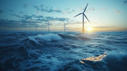 A serene ocean scene featuring wind turbines against a vibrant sunset, highlighting renewable energy's integration with nature.