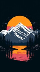 Sticker - A digital illustration of a mountain range reflected in a still lake.