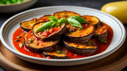  Deliciously baked eggplant with a vibrant tomato sauce garnished with fresh basil