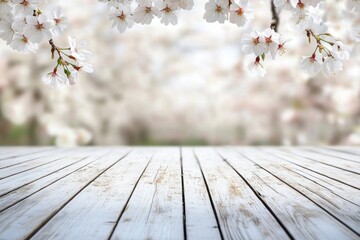 Wall Mural - cherry blossom spring background, white wood - generative ai