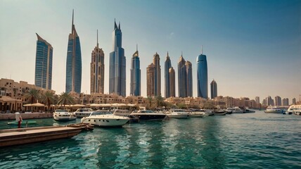 A waterfront view of an Arab city with modern skyscrapers, luxury yachts