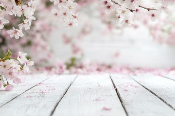 Wall Mural - cherry blossom spring background, white wood - generative ai