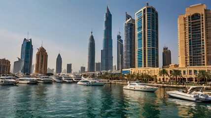 A waterfront view of an Arab city with modern skyscrapers, luxury yachts, and traditional boats floating on the water 