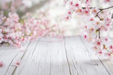 Wall Mural - cherry blossom spring background, white wood - generative ai