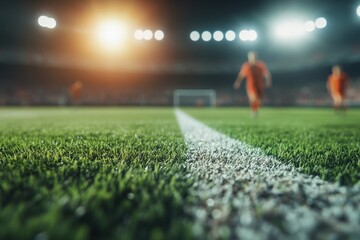 Players in Action on the Football Field Under Bright Stadium Lights During a Thrilling Match