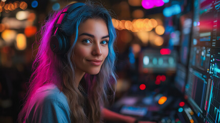 Sticker - A woman wearing headphones and smiling at the camera