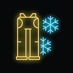 Canvas Print - Glowing neon line icon representing winter pants, isolated on black background with snowflakes