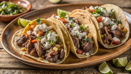 Delicious beef tacos served on a rustic wooden table with fresh toppings and lime wedges for a flavorful meal experience