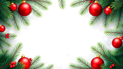 Christmas background with fir tree branches and red balls. 