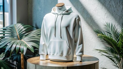 mockup 3d white plain hoodie with mannequin placed on podium, isolated neutral background,