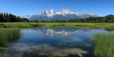 Wall Mural - A serene lake reflecting snow-capped mountains.