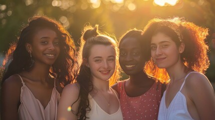 Friendly young women from different ethnic backgrounds, standing closely and smiling warmly