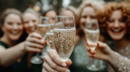 A group of friends toast with glasses of champagne, capturing the moment of joyful celebration and camaraderie in a joyous, festive atmosphere.