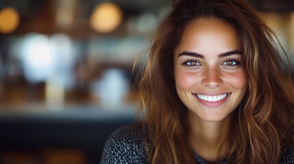 A cheerful and positive young woman with distinctive freckles, sporting a captivating smile, radiating happiness and warmth in an inviting indoor setting.