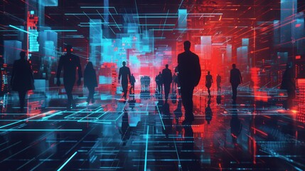 Poster - Silhouettes of People Walking Through a Futuristic Cityscape