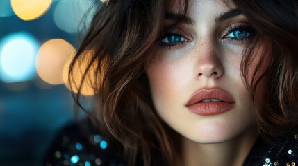 Close-up of an elegant woman with striking blue eyes surrounded by beautiful bokeh lights, creating a captivating and artistic portrait of allure and beauty.