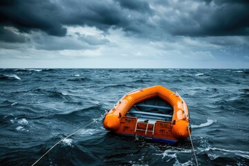 a life raft adrift in the open ocean, ready for rescue or survival