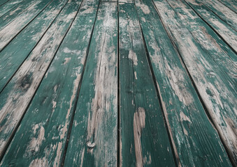 Floor with old wooden boards, blue paint cracked, faded and peeled. Generative AI