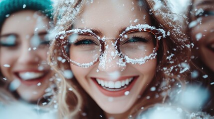 A close-up shows a woman with snowflakes on her glasses, smiling brightly. Her joy is evident in the expression. The snow enhances the wintry, cheerful atmosphere.