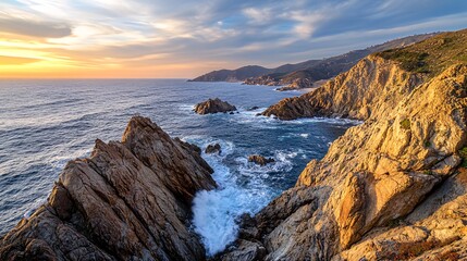 Wall Mural - A scenic view of a rocky coastline with crashing waves and a dramatic sunset sky.